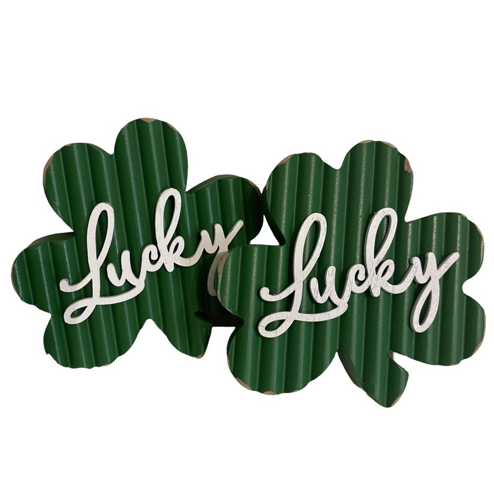 St Patricks Day Table Mantel Decor 3 Leaf “Lucky” Wooden Clover Shamrock 2pc Set